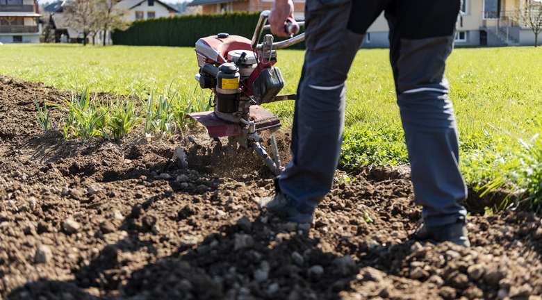 A farmer working in the garden with tiller.