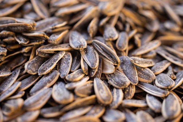 A close-up of unshelled sunflower seeds.