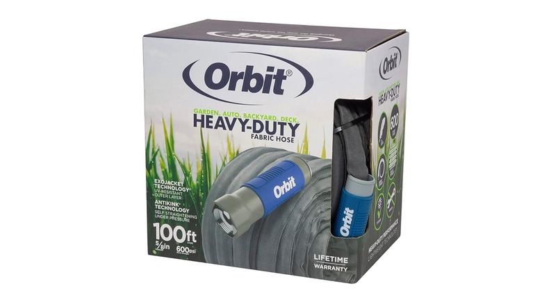 Heavy-duty Orbit fabric garden hose in a box.
