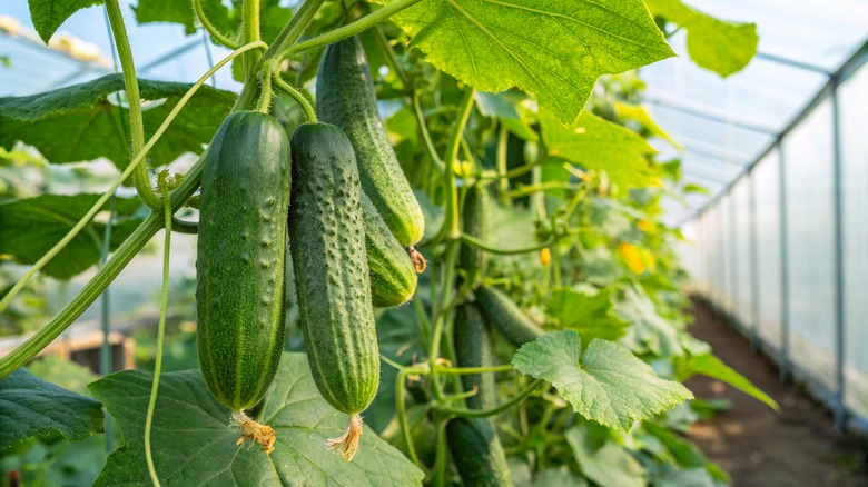 Cucumbers grow in a greenhouse.