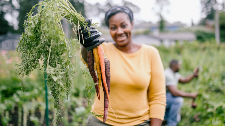 Woman holds carrots she's harvested.