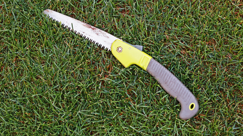 A foldable hand-held pruning saw in the grass.
