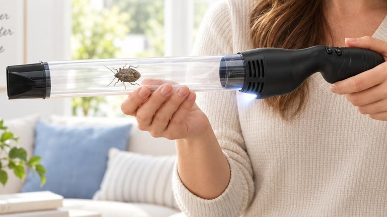 Lifestyle shot of a woman holding the JahyElec bug vacuum which has a bug in the tube