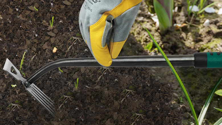 A gloved hand using the NAISHIER weeding tool