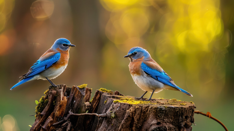 Two bluebirds stand on a tree stump.