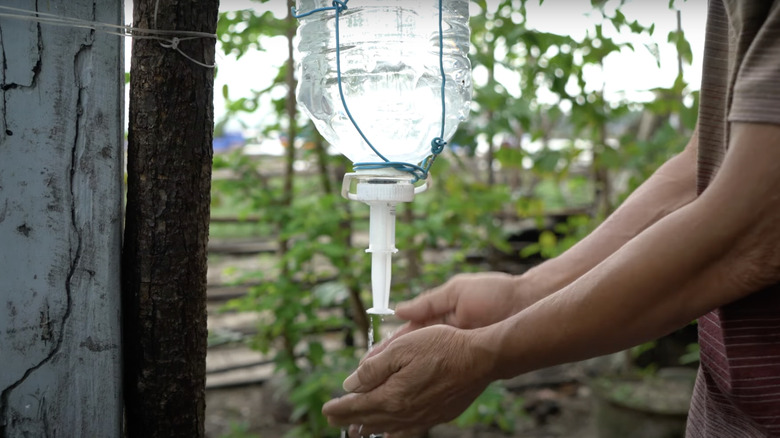 A DIY hand washing station hangs from a tree.