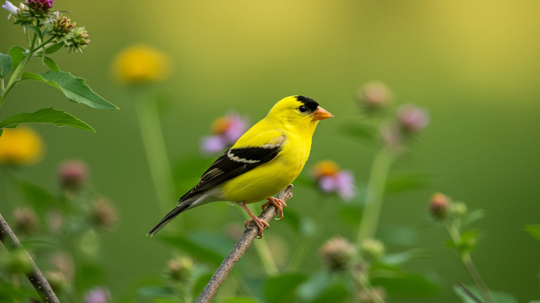 A yellow and black goldfinch perched on a branch in a green field