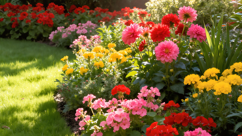 Densely planted annual flowers fill a garden bed.