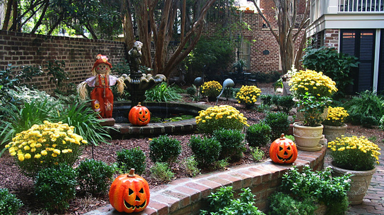 A garden featuring Jack-o-lanterns, a scarecrow, and yellow flowers.