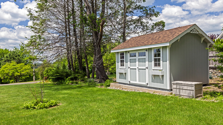 Quaint garden shed with windows sits in a yard.