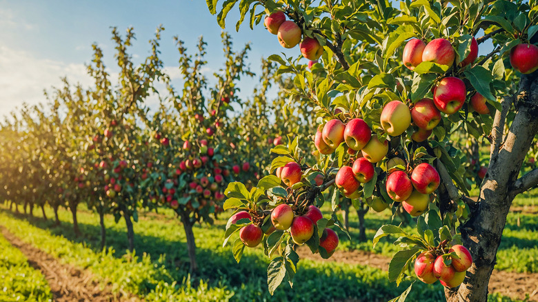 Apple trees grow in a row.