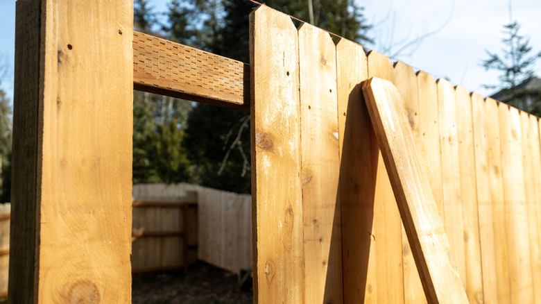 A fence board leaning against partially installed fence.