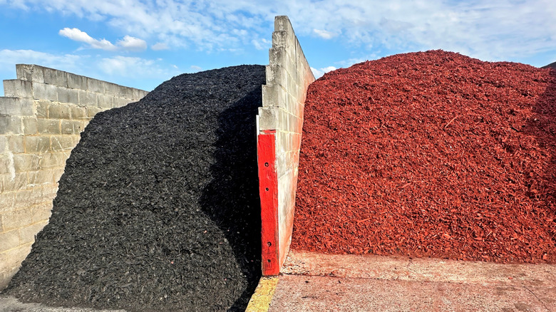 A pile of black mulch is next to a pile of red mulch.