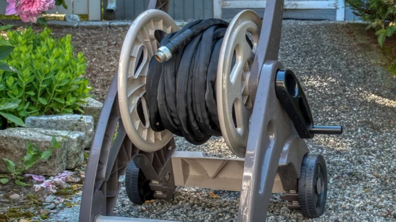 The Teknor 100 foot hose sits wrapped up in a plastic garden spool.