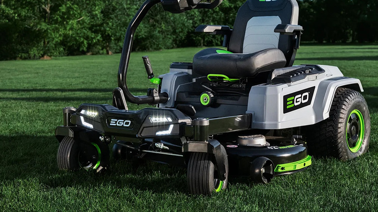 The green, gray, and black Ego ZT4205S riding mower on a green lawn