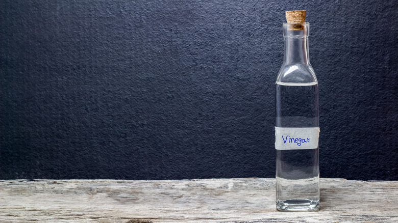 bottle of vinegar in a clear bottle on the table.