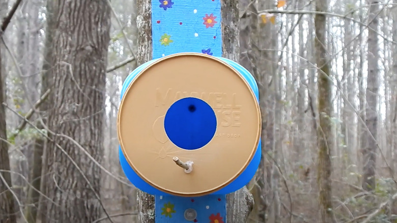 A blue and brown container is mounted on a wooden pole, with a circle cut into the lid and a stick glued below the circle.
