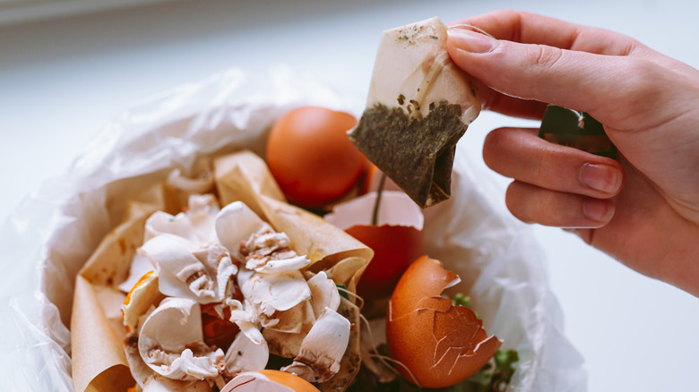 Person discards tea bag into food waste for compost.