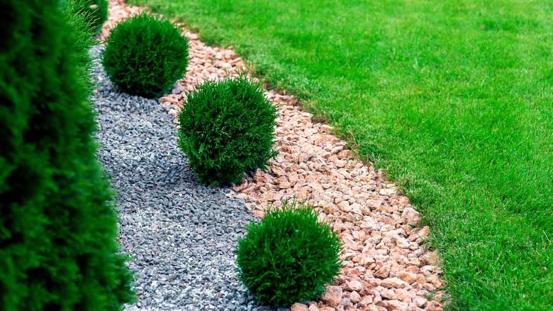 Landscape rock instead of mulch lines bushes near house.