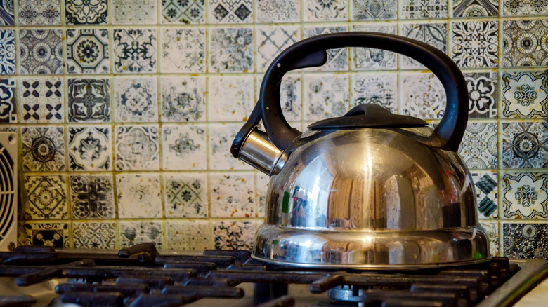 A kettle is heated on a stove.