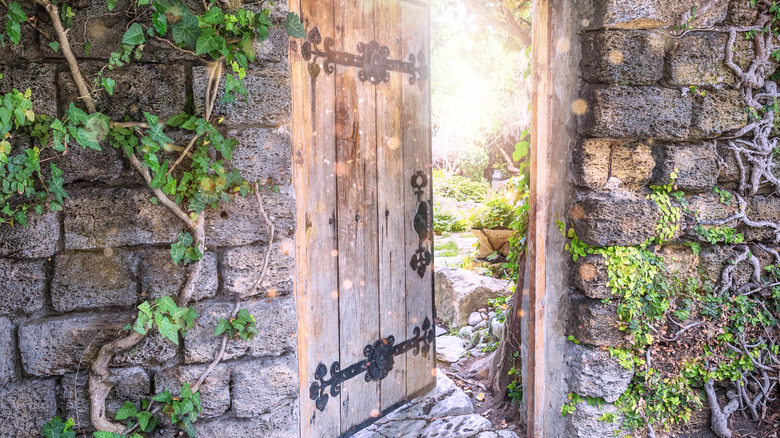 A door is partially open to reveal a garden on the other side.