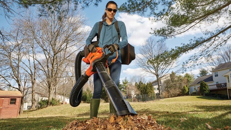 A woman sucks up leaves into a hand-held leaf mulcher.