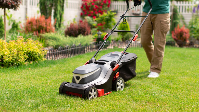 A person mows the grass in their yard.