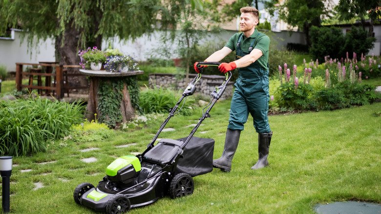 A  man mows a lawn with a lawn mower.