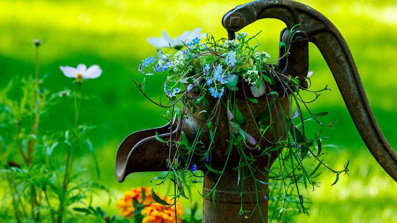 Flowers are planted in the top of an antique water pump.