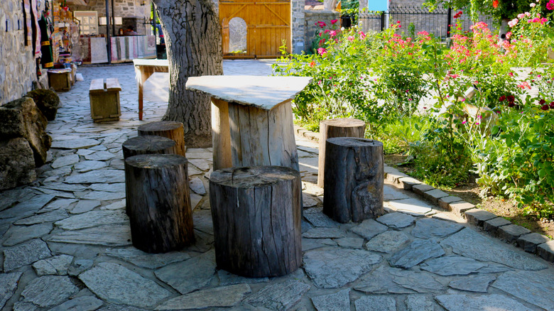 A cosy sitting area made from old logs and stumps