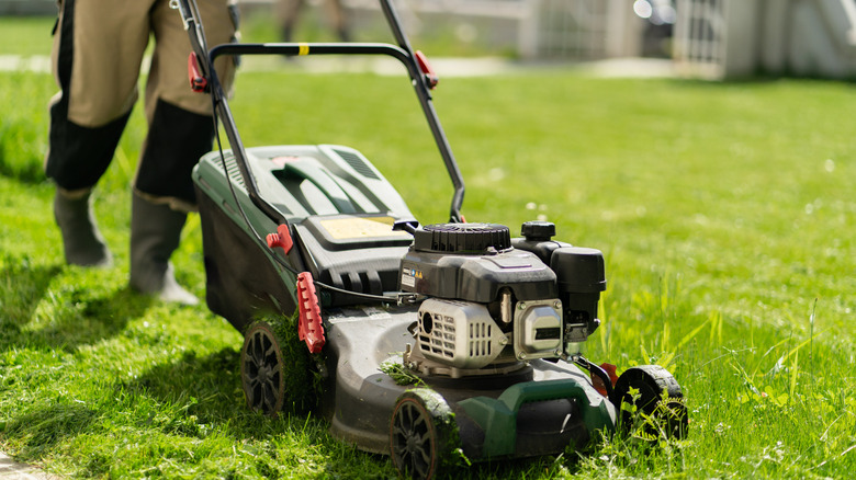 A person pushes a green lawn mower across green grass.