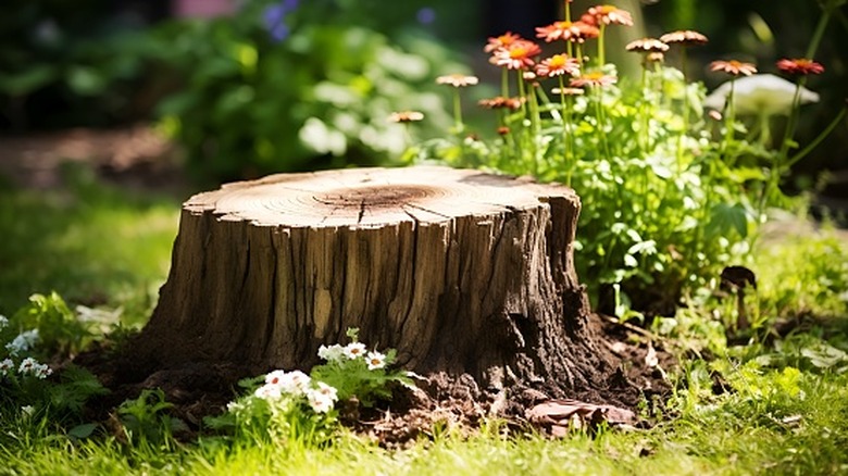 Flowers grow near a tree stump.