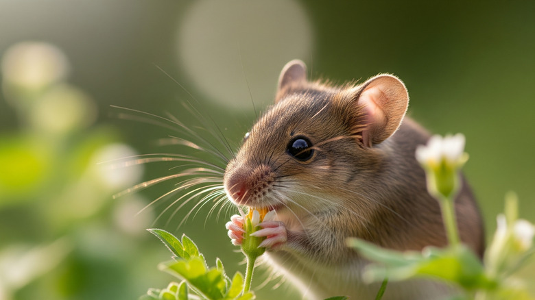 A mouse looks at the camera while nibbling on a flower.