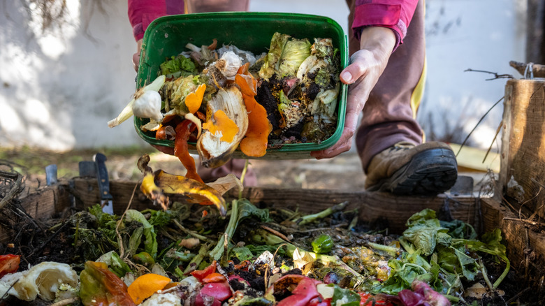 A person adds kitchen scraps to a compost bin.