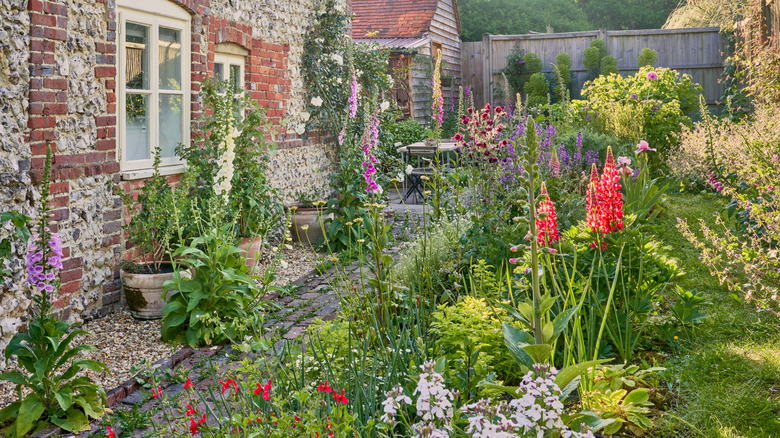 A thriving cottage garden has colorful plants, a stone walkway, and gravel.