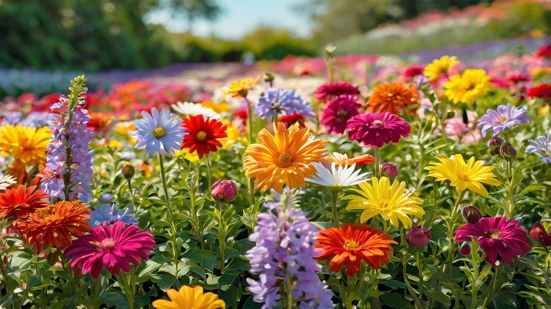 A garden is full of healthy and colorful flowers.