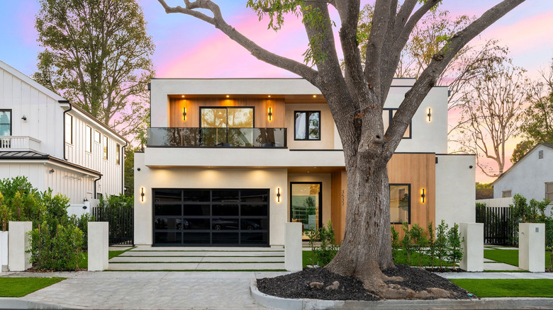 A tree stands in front of a modern home on the sidewalk.