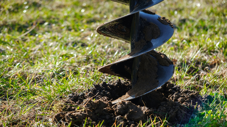 An auger bit is getting drilled into the soil of a patchy lawn.