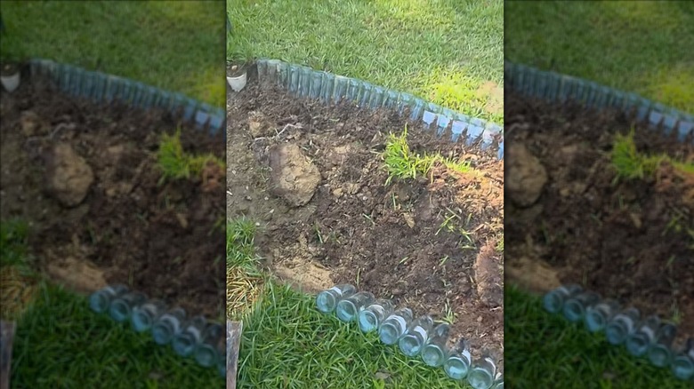 A garden bed lined with glass bottles is in the process of being built.