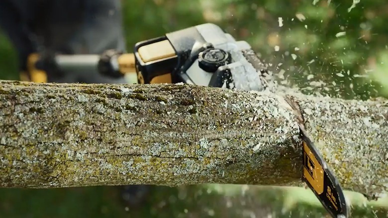 Dewalt cordless 20v pole saw tree trimmer saws through a branch.