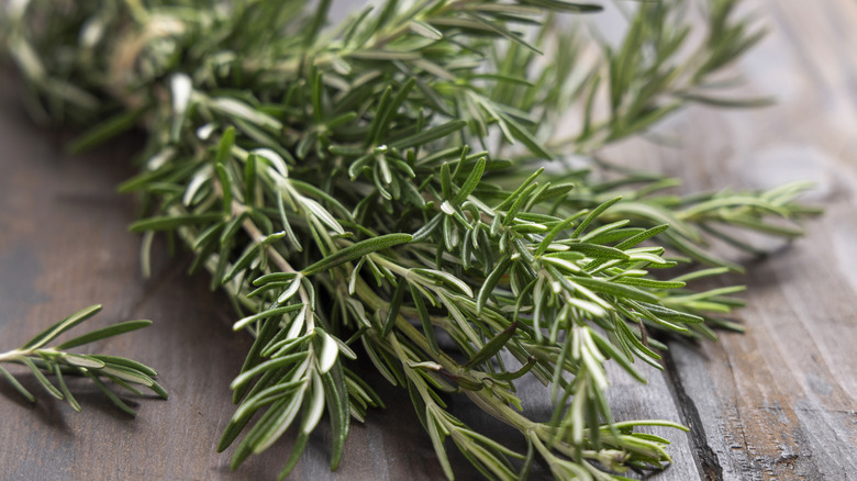 Closeup of a bundle of fresh rosemary on a wooden surface
