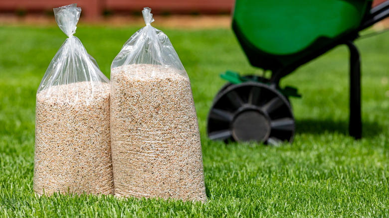 Bags of weed control sit near a spreader on a green lawn.