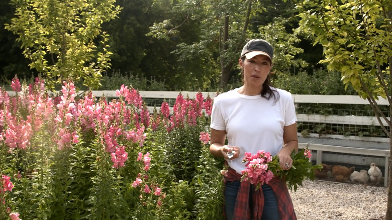 Joanna Gaines stands in her garden holding a bouquet of pink snapdragons.